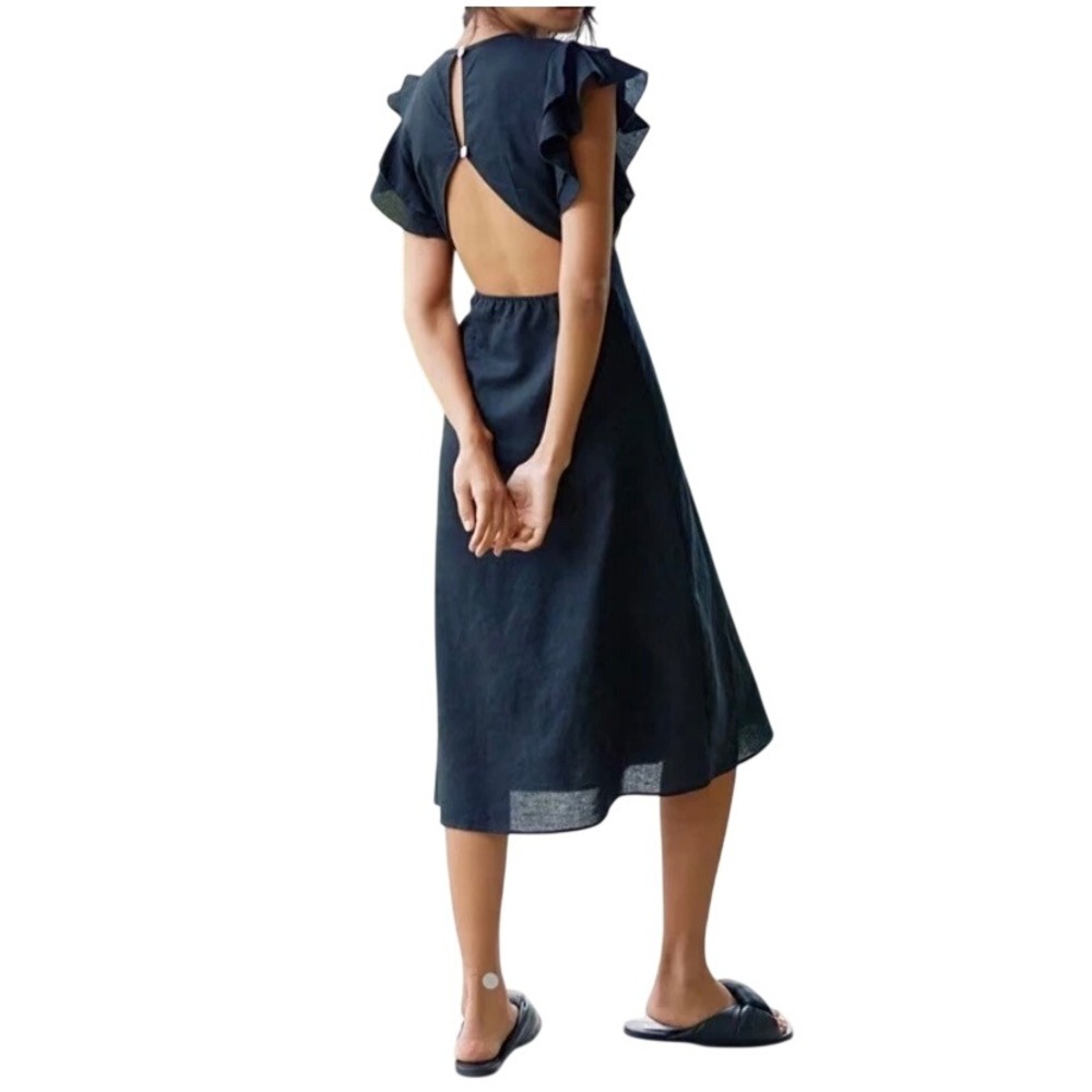 ANTHROPOLOGIE Charlie Holiday Linen Flutter Sleeve‎ Midi Dress SZ 6 Black Resort